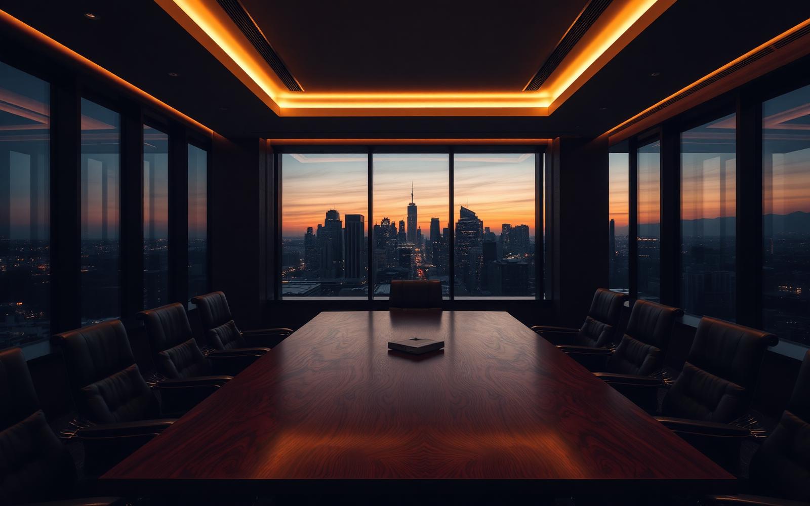 Sala de consejo corporativa al atardecer